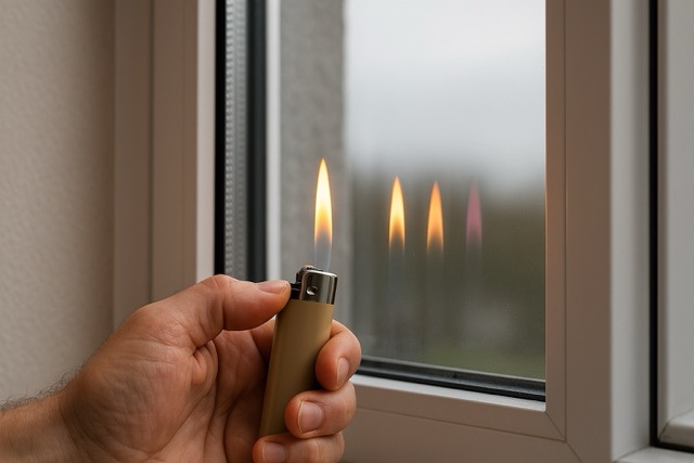 Feuerzeugtest.Die Anzahl der reflektierten Flammenbilder entspricht der Anzahl der Glasscheiben im Fenster.
Erscheinen die Flammenbilder in unterschiedlichen Farben, deutet dies auf eine wärmereflektierende Beschichtung im Scheibenzwischenraum hin.