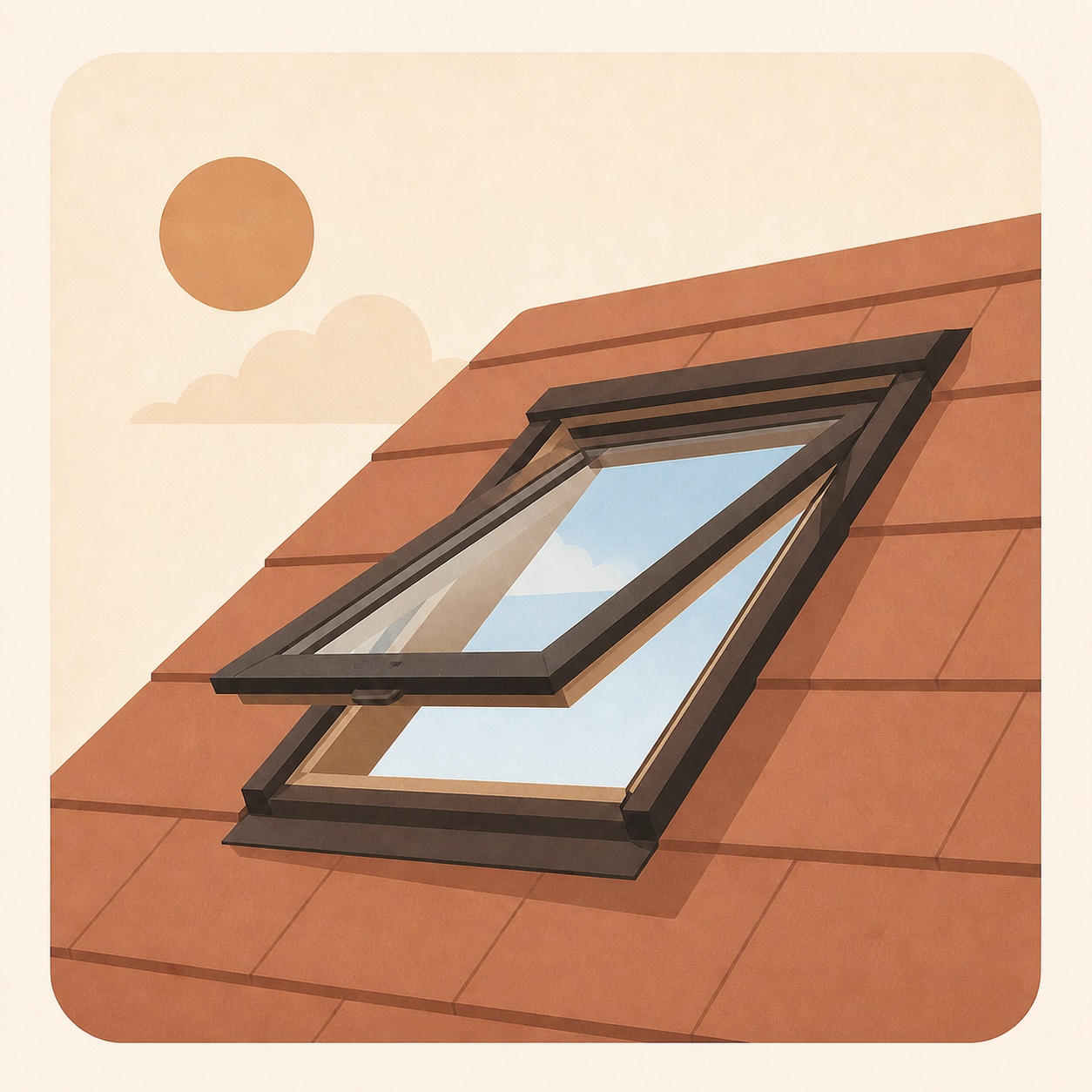 Illustration eines geöffneten Dachfensters in dezent entsättigten warmen CI-Farben von dachfensterinfo.de