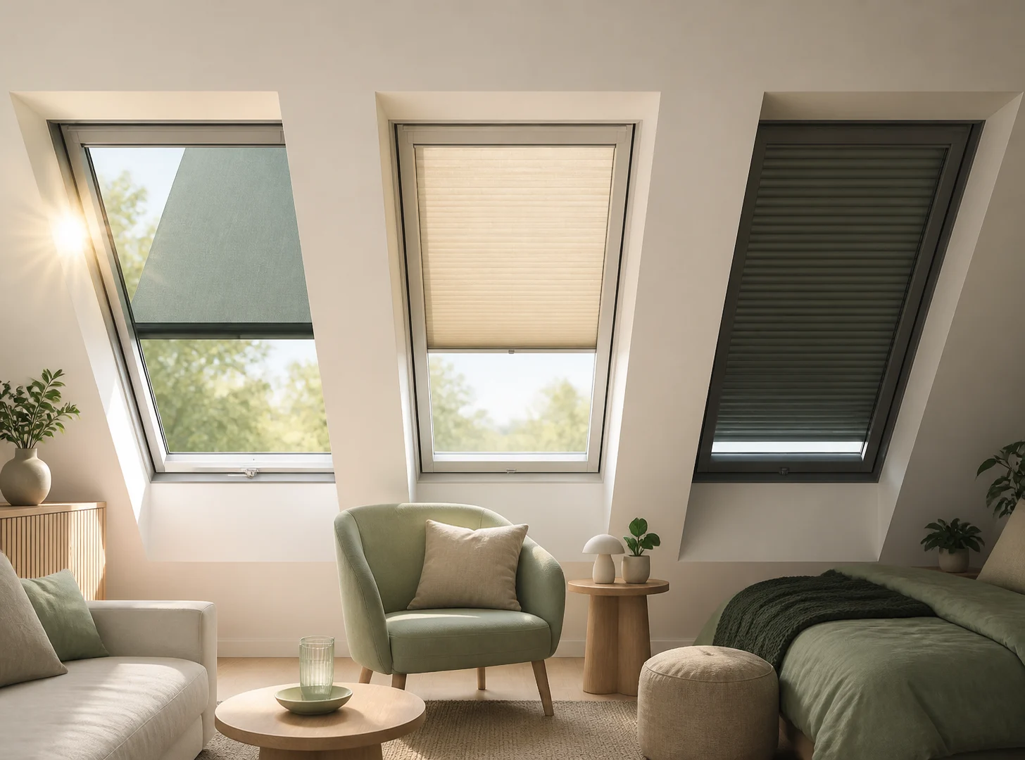 Drei Dachfenster mit Hitzeschutz-Markise, Innenrollo und Rollladen im Vergleich