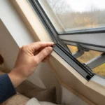 Hand prüft die Gummidichtung am geöffneten Dachfenster