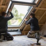 Handwerker setzt ein neues Dachfenster in die Dachschräge ein
