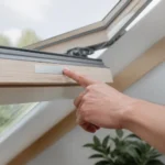 Hand zeigt auf das Typenschild am oberen Rahmen des Dachfensters