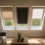 Drei Dachfenster mit unterschiedlichen innenliegenden Sonnenschutzlösungen