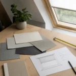 Stoffmuster und Maßband auf einem Tisch unter dem Dachfenster