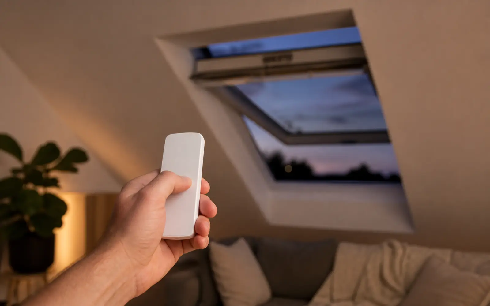 Hand bedient ein elektrisches Dachfenster per Funkfernbedienung