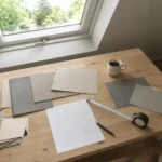 Rollo-Stoffmuster und Maßband auf einem Tisch unter dem Dachfenster
