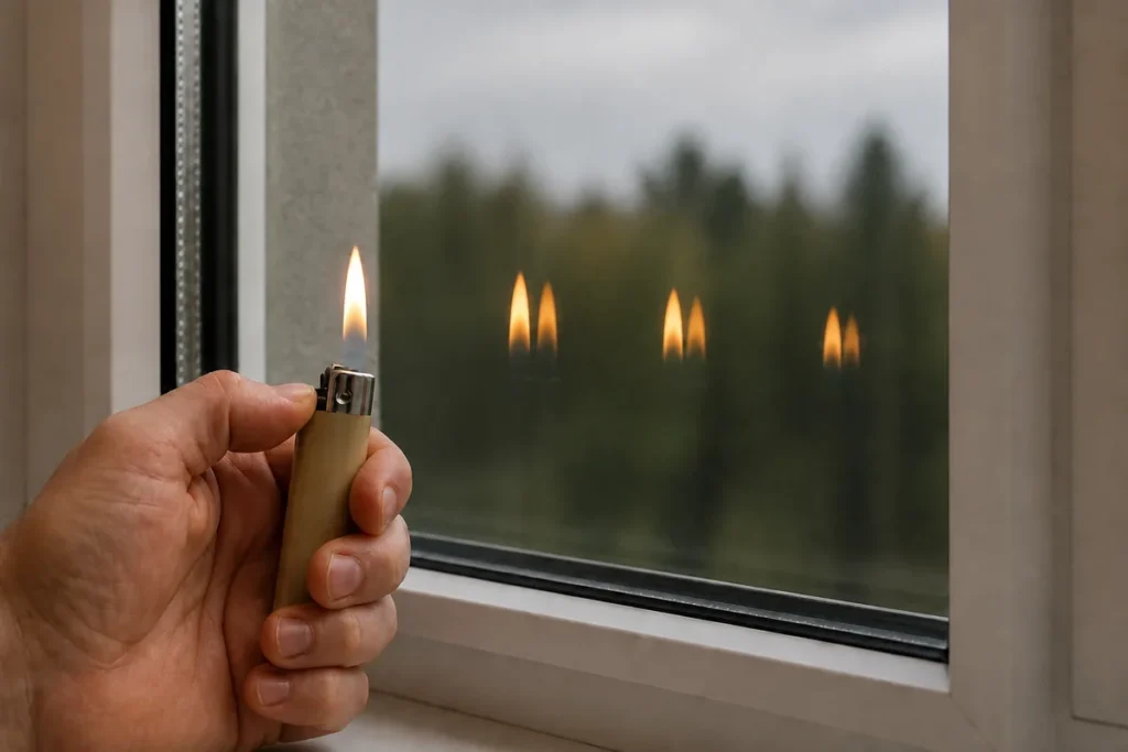Feuerzeugtest an Dreifachverglasung: drei Doppelreflexionen als ungleichmäßig versetzte Flammenpaare