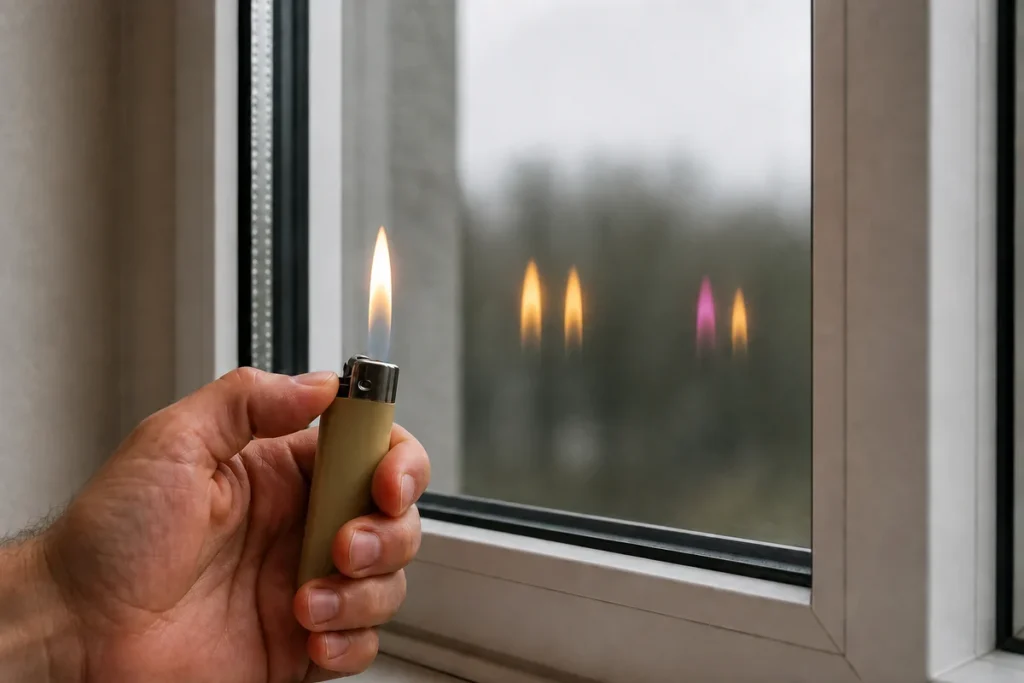Feuerzeugtest an Wärmeschutzglas: zwei Doppelreflexionen, davon ein Einzelbild violett durch Low-E-Beschichtung