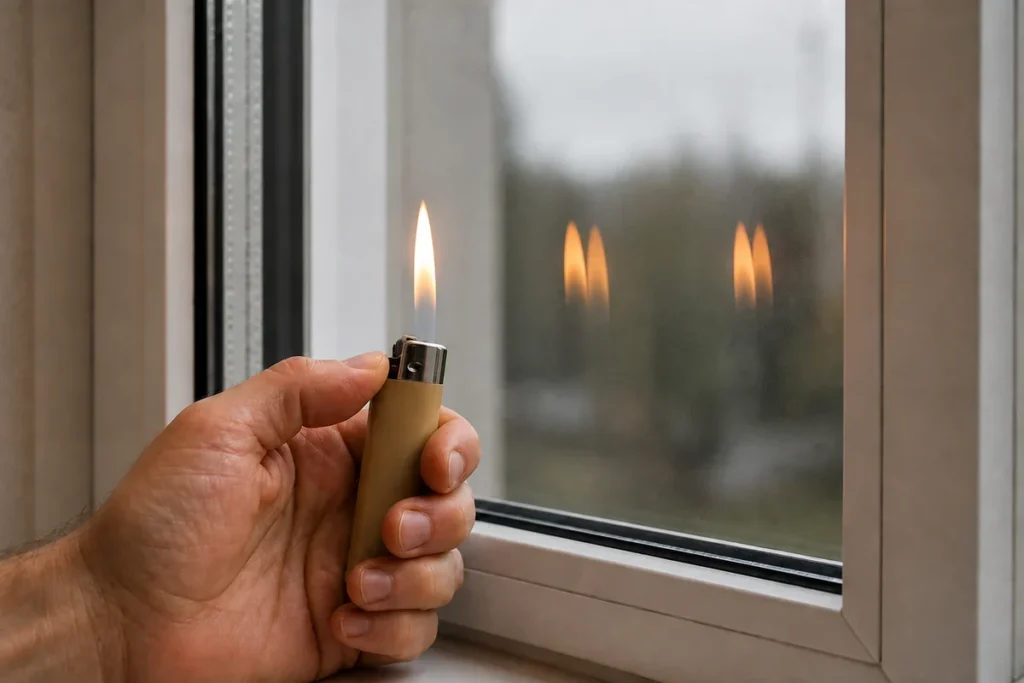 Feuerzeugtest an Zweifachverglasung: zwei Doppelreflexionen als ungleichmäßig versetzte Flammenpaare