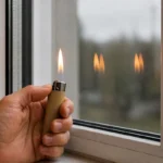 Feuerzeugtest an Zweifachverglasung: zwei Doppelreflexionen als ungleichmäßig versetzte Flammenpaare