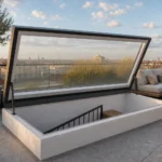 Stylische Dachterrasse mit geöffnetem LAMILUX Komfort Swing 3000 × 1000 mm