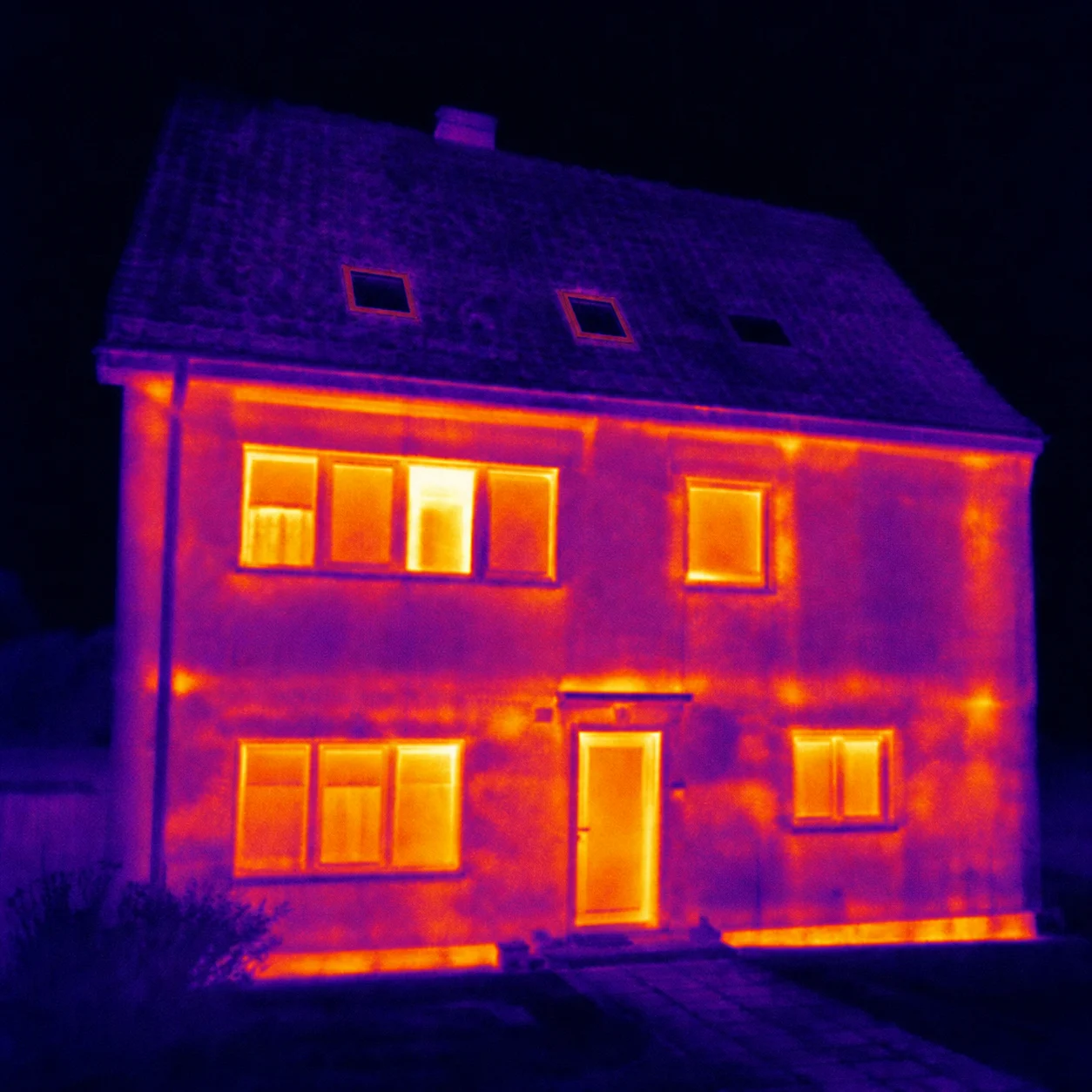 Realistische Wärmebildaufnahme eines Hauses mit drei Dachfenstern und sichtbaren Wärmeverlusten an Fenstern und Bauteilanschlüssen.