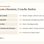 Dachfenster klemmt oder schließt nicht? Ursachen und Lösungen Infografik: Dachfenster-Probleme – Symptom und typische Ursache, von „klemmt" bis „quietscht"