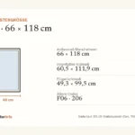 Maßzeichnung VELUX FK06: Außenmaß, Innenfutter-Nutmaß, Flügellichtmaß und ältere Größencodes