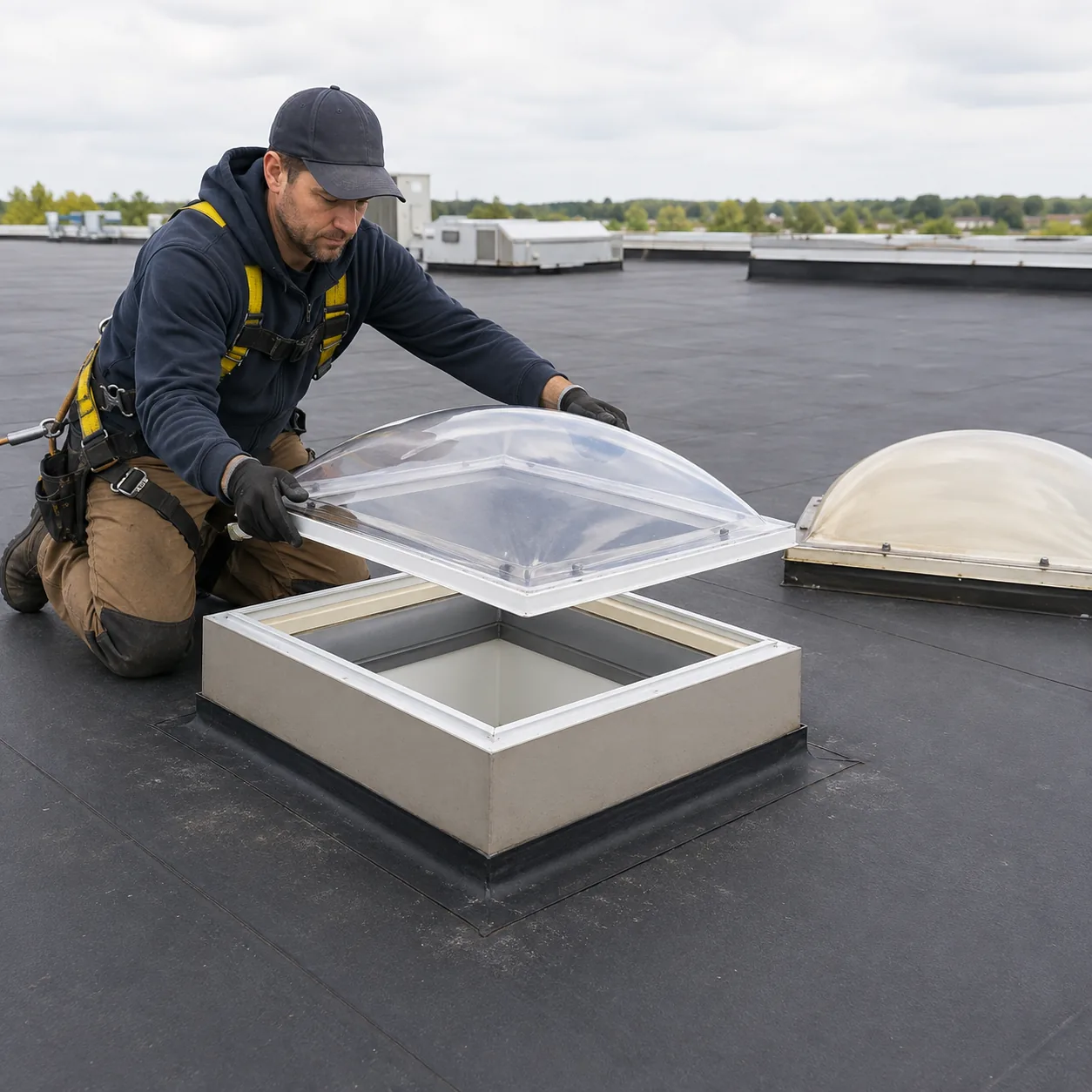 Dachhandwerker setzt eine neue transparente Oberschale auf den intakten Aufsatzkranz einer Lichtkuppel